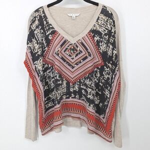 Cabi Top Women Small Tan Geometric Silk Front V Neck Mixed Media Boho Blouse 768